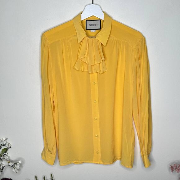 GUCCI Silk Ruffle Jabot Blouse Crepe De Chine Button Down Yellow {L49} - Picture 9 of 9